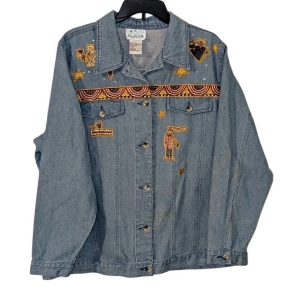 Quaker Factory 1X Denim Jacket Patriotic Applique Stars Stripes Angel Cat USA